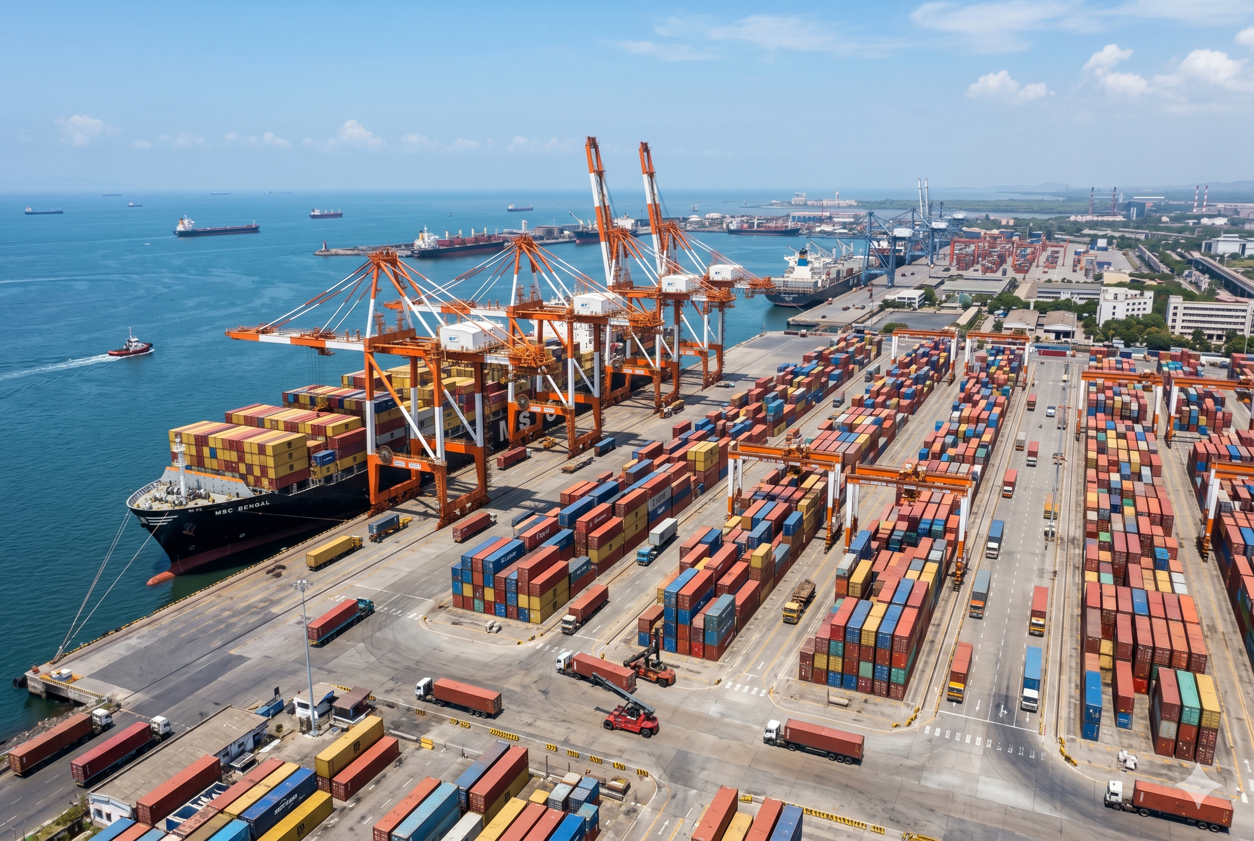 Active container port with cranes operating