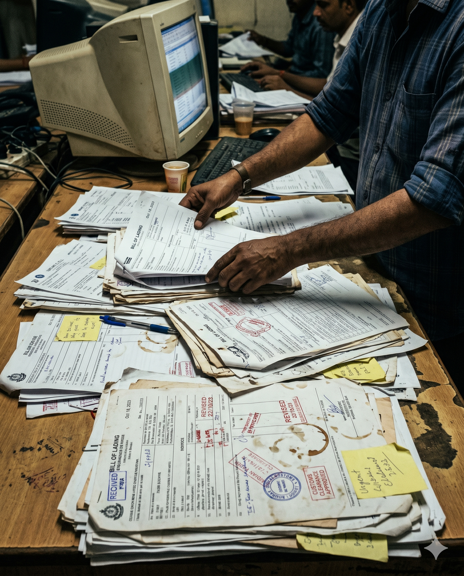 Stacks of paper shipping documents on a desk