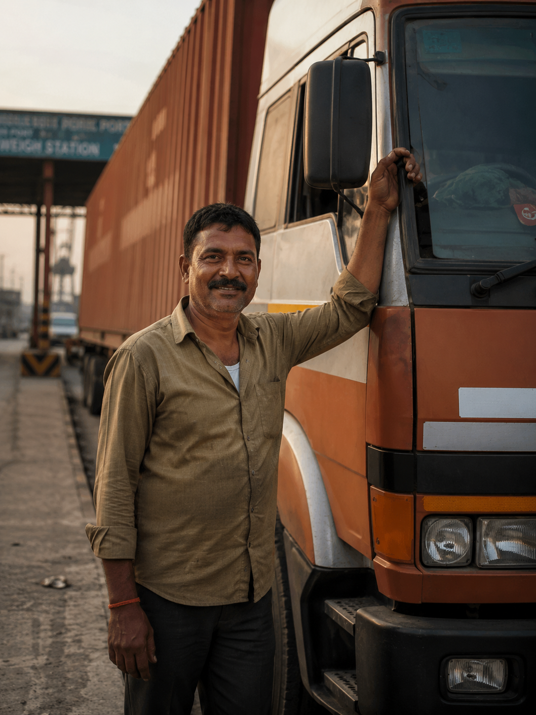 An Indian cargo truck driver at a port gate