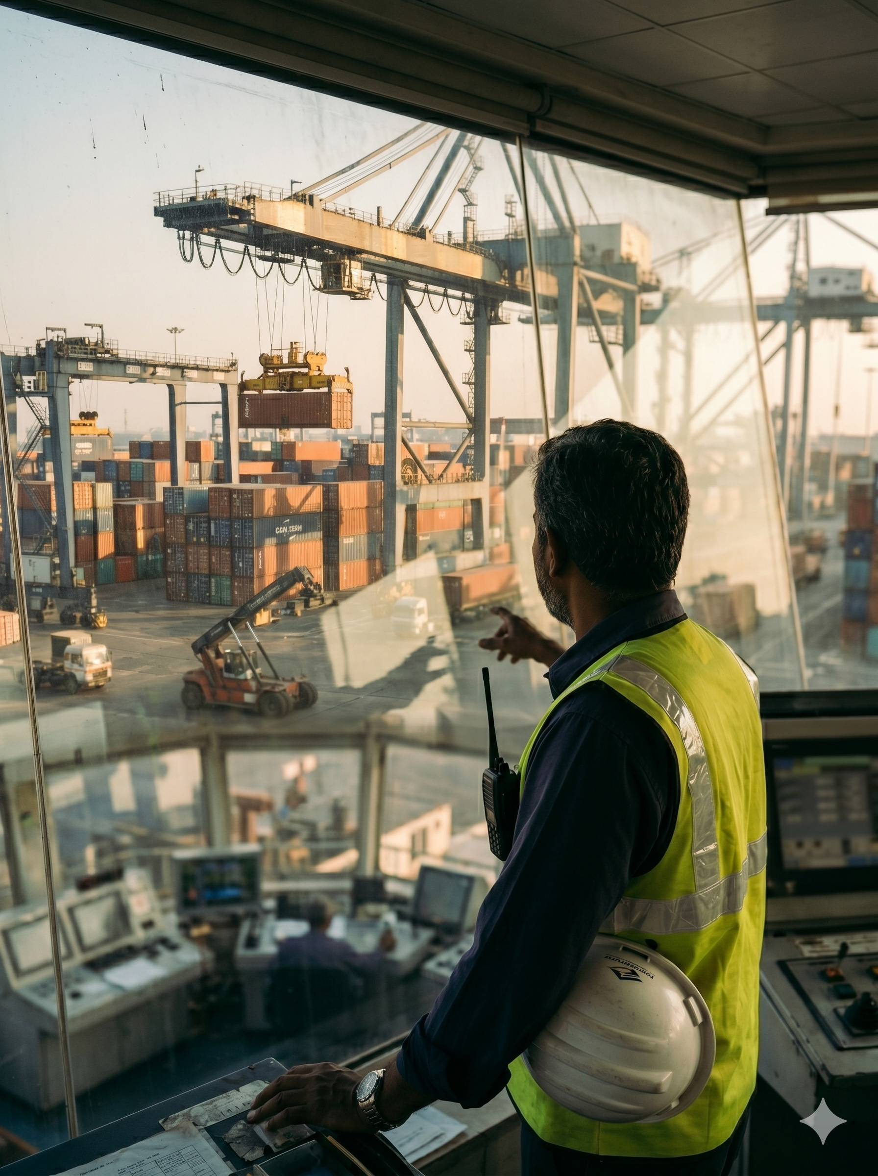 A port operations officer in a control room overlooking a yard